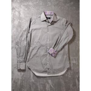 Bugatchi UOMO Mens Med Black White Button Up Long Shirt Flip Cuff Purple Floral